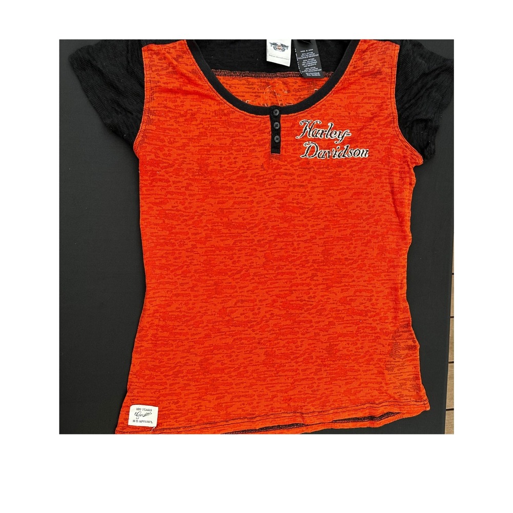 Harley-Davidson Womens Orange Burnout Henley Studded Graphic Top 100 Years Small